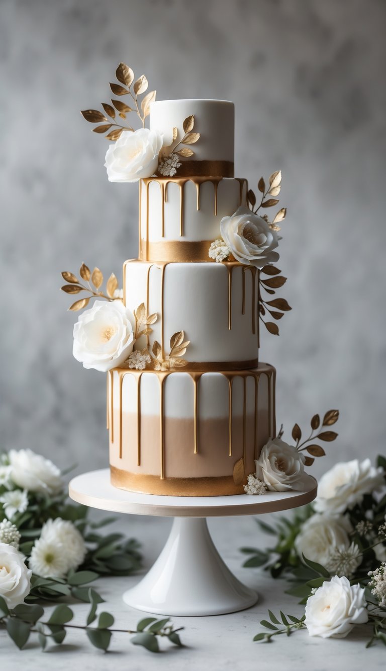 A multi-tiered wedding cake with white frosting, caramel drip, and gold leaf decorations on a white cake stand.